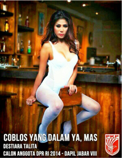 A play on words on this mocked-up Destiara Talita election poster roughly translates as “puncture deep, won’t you, mas” (Photo: Twitter)