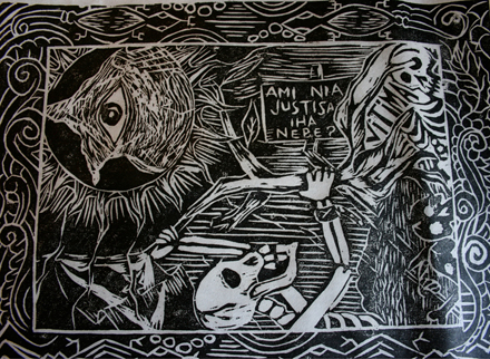 Lino print, 'Where is our justice?', by Gembel Art Collective.