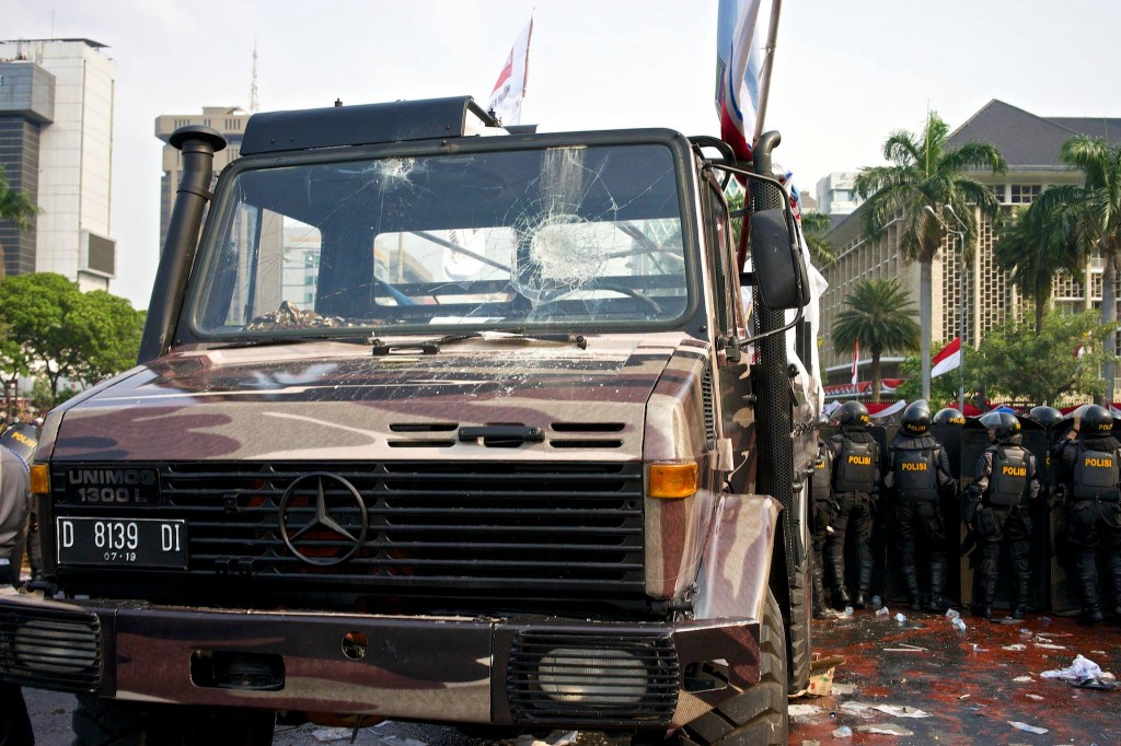 Truck used by Prabowo supporters to attempt a barricade break through. 