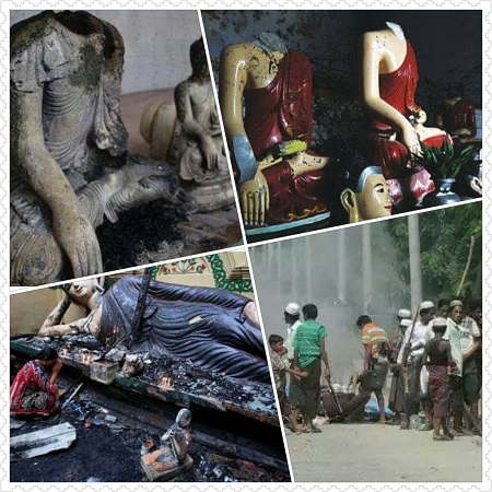 Images of Buddhist statues and shrines claimed to have been destroyed by the Rohingya. 