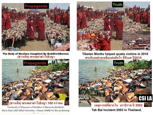 Image claiming that fake images of Burmese Buddhists killing Rohingya have been spread online.
