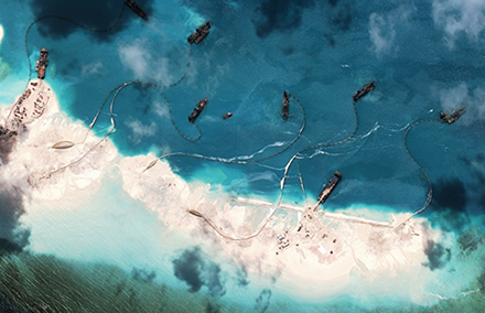 Chinese ships have been constructing artificial islands and sea walls in the South China Sea. CSIS ASIA MARITIME TRANSPARENCY INITIATIVE AND DIGITALGLOBE/TNS. 