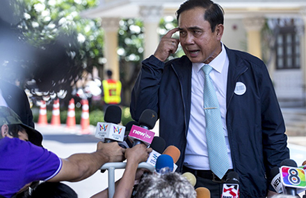 A few ideas? General Prayuth talks to Thai journalists. Photo by Reuter/ Athit Perawongmetha. 
