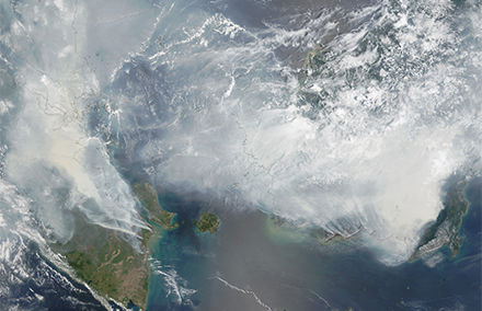 A satellite image of Southeast Asia’s haze. Singapore sent a squadron of planes, most never to be seen again. Photo: Wikimedia commons. 