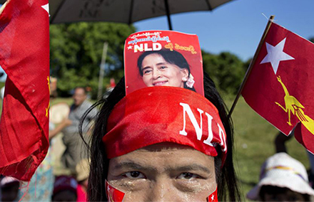 An NLD supporter at a rally in Myanmar's Rakhine State. 