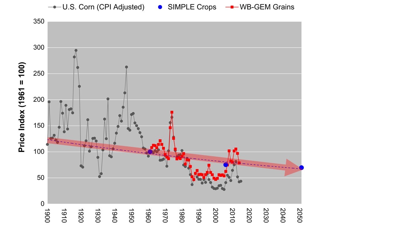 Figure 4: Global commodity grain prices projected through 2050. The trend is more than twice as likely to be down than flat or up.