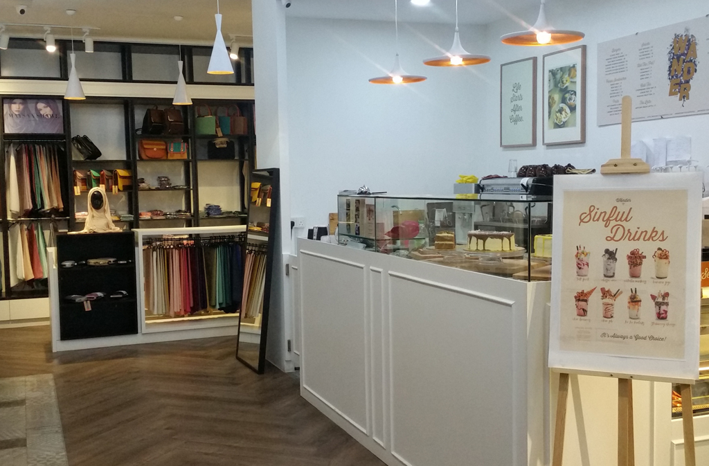 Inside one of the many boutique-café in Bangi Central—Tudung People: the left part sells fashionable headscarves, while the right side serves ‘sinful’ drinks (creamy iced coffee).