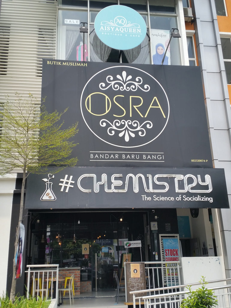 Chemistry Café+Lab on the ground floor, Osra Muslimah Boutique on the first floor and AisyaQueen boutique-café on the second floor—Bangi Central is full of eating and shopping options.