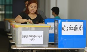 A woman votes in Myanmar's 2012 by-election. Photo from Wikimedia commons.