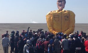 The effigy of Bakrie at the protest marking nine years since the Lapindo mudflow disaster. Photo by Phillip Drake.