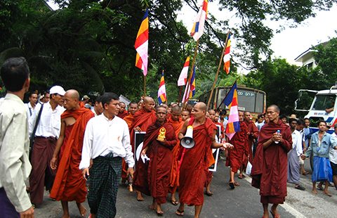 Monks march during Myanmar's Saffron revolution. Photo: Wikimedia commons