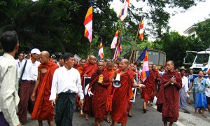 Monks march during Myanmar's Saffron revolution. Photo: Wikimedia commons