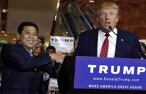 Republican presidential candidate Donald Trump, right, introduces Setya Novanto, Speaker of the House of Representatives of Indonesia, during after a news conference at Trump Tower. Photo: AP/Richard Drew