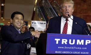 Republican presidential candidate Donald Trump, right, introduces Setya Novanto, Speaker of the House of Representatives of Indonesia, during after a news conference at Trump Tower. Photo: AP/Richard Drew