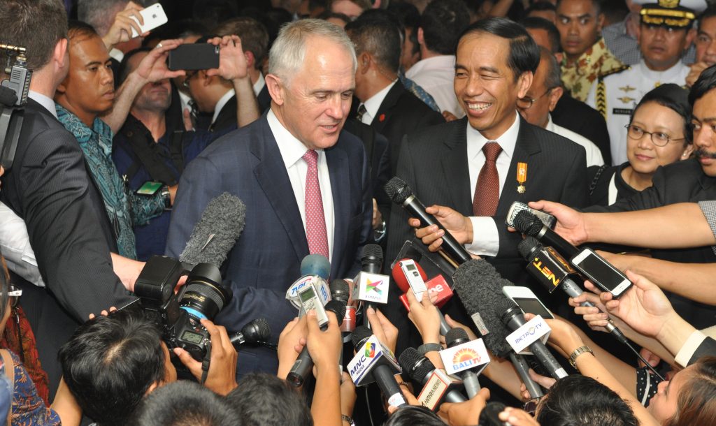 Australian PM Macolm Turnbull meets with Indonesia President Joko Widodo.